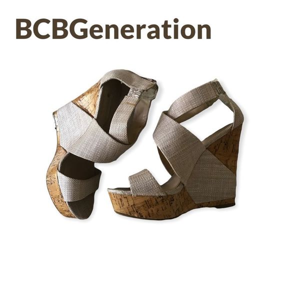 BCBGeneration Rando Corkwood Wedges Platform Tan Open Toe Zip Heel Size 7 - Picture 1 of 7